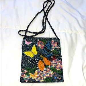 Beaded ,Butterfly Crossbody Bag. 24” beaded strap. 6X 7